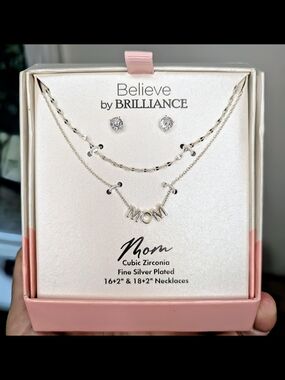 Silver 'MOM' Necklace & Stud Earring Set - Silver